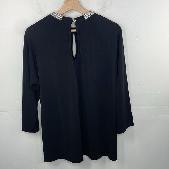 MOA MOA Black Rhinestone Neckline Blouse Cutout Neckline Glam Goth 3/4 Sleeve 1X - Picture 7 of 12